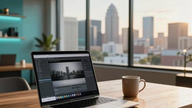 A high-end professional North American creative studio in Austin, Texas. A modern laptop is open on a natural wood desk showing blurred design software. A warm ceramic mug sits nearby. In the background, large floor-to-ceiling windows look out onto a sun-drenched city skyline. The lighting is sophisticated and warm, featuring subtle turquoise blue accents in the minimalist office decor.