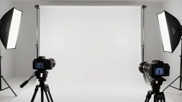 Panoramic wide shot of a professional brand photography shoot setup — a styled product flatlay on a white seamless backdrop, studio strobes visible at frame edges, a camera on a tripod aimed down, finished product images displayed on a nearby monitor, bright even lighting throughout, no people in frame
