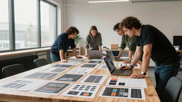 Wide panoramic environmental photograph of a collaborative agency studio — three team members leaning over a large light-wood table covered in printed brand assets, website wireframes, and open laptops showing live design files, bright even daylight from floor-to-ceiling windows on the left, warm neutral interior, shot from the far end of the room to capture the full table and the working environment behind it, no posed expressions, authentic mid-task moment