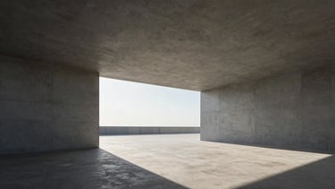 Wide panoramic shot of a minimalist architectural pathway leading toward a sharp horizon line, high-contrast morning light, clean concrete structures.