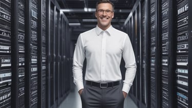 Close-up of server racks glowing softly with blue LED lights in a data center