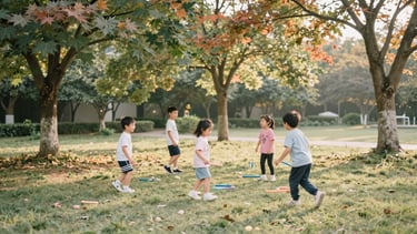 Wide panoramic view of children playing under mature maple trees in a grassy yard, soft warm golden hour light, candid, 35mm film style.