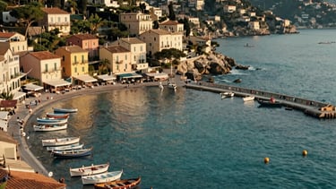 A breathtaking high-angle photograph of the bay of San Michele di Pagana on the Italian Riviera. The turquoise sea gently laps against a small harbor filled with traditional wooden gozzi boats. The surrounding architecture features elegant pastel houses in cream and terracotta tones, nestled among lush Mediterranean greenery. The lighting is soft and golden, characteristic of a late afternoon sun, evoking a sense of calm and professional reliability.