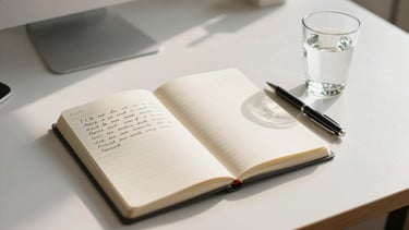 Wide shot of a calm, ordered desk from above — open notebook with handwritten notes, a glass of water, a pen resting beside it, morning north-facing light streaming across the surface, no clutter