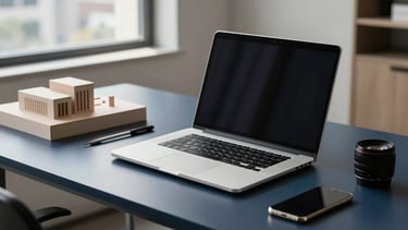 High-end minimalist workstation in a bright North American office setting. A sleek laptop, a architectural model, and professional tools are arranged on a dark blue desk. Natural light streams in from a window with a city view. Sophisticated and clean composition.