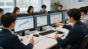 Wide panoramic view of an operations team at a long desk reviewing Salesforce reports on multiple monitors under natural office daylight, papers and notebooks spread across the surface, one person pointing at a pipeline metric on screen