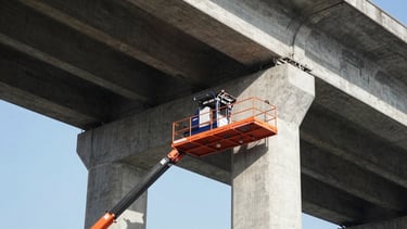 A heavy construction lift operating on a massive concrete bridge pillar under bright daylight, crisp architectural perspective, 35mm.