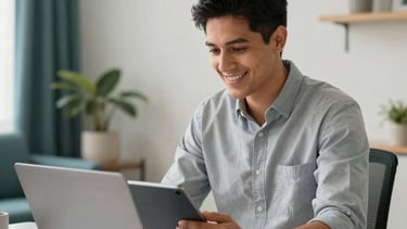 A professional Latin American person sitting at a clean, modern desk in a brightly lit home office. They are smiling and looking at a laptop screen, holding a tablet. The setting is modern and accessible, with teal and off-white accents in the room decor. Soft natural lighting, realistic photography style.