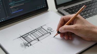 Close-up overhead view of a hand sketching a site architecture diagram on graph paper beside an open laptop showing a code editor, cool neutral studio lighting, pencil lines sharp and legible, laptop keyboard visible at the right edge