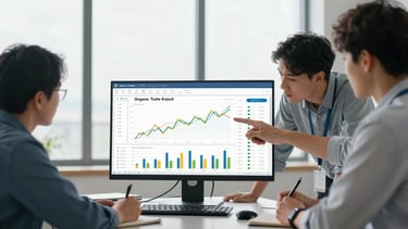 Wide environmental shot of a small team gathered around a monitor displaying an analytics dashboard with organic traffic trend lines, neutral daylight from large windows, two team members pointing at specific data points, third member taking notes