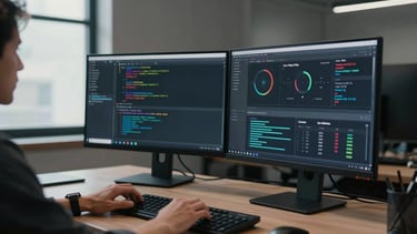 Wide shot of a developer's dual-monitor workstation displaying code on the left screen and a performance dashboard with Core Web Vitals metrics on the right, cool office lighting from a window to the left, hands resting on keyboard in mid-type