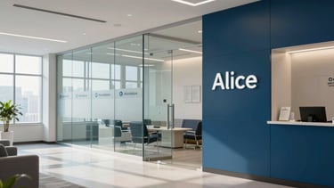 A high-end, modern North American healthcare office lobby with Alice Blue and Dark Blue accents. Soft, natural morning light illuminates a clean, minimalist interior with glass partitions and subtle medical branding. Professional and optimistic atmosphere with a sense of innovation.