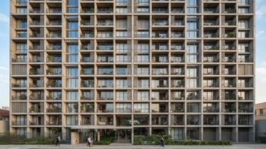 Bright architectural photography of a modern concrete and glass apartment building facade in São Paulo, soft natural daylight, straight perspective, clean lines.