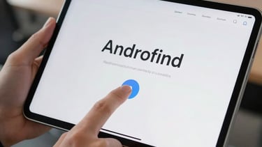 A close-up of a hand interacting with a modern Android tablet. The interface is clean, displaying sophisticated typography and functional elegance. North American / US office background, blurred.