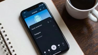Top-down photography of a North American / US designer's desk. An Android phone is placed next to a sketchbook and a cup of black coffee. The phone screen shows a dark-themed app with sky blue accents.
