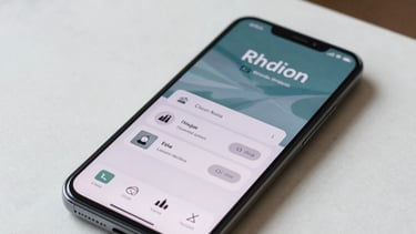 Clean product photography of a premium Android phone resting on a white marble surface in a North American / US home. The screen displays an app interface with functional elegance and minimal typography.