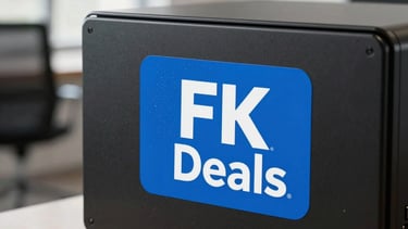 A sharp, professional photograph of a premium electric blue vinyl branding sticker from FK Deals applied to a sleek matte black electronic device. The setting is a clean, modern North American office space with bright natural light, showcasing the waterproof texture and high-quality finish of the sticker.