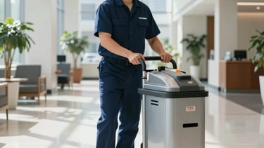 A high-resolution, wide-angle photograph of a professional cleaning specialist in a navy blue uniform using a modern janitorial cart in a bright, clean, sunlit North American corporate office lobby in Long Island City. The background shows polished white floors and large windows, highlighting hygiene and cleanliness.