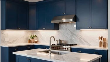 A professional architectural photo of a renovated luxury home kitchen in the US, featuring sleek deep blue cabinetry and light grey countertops with innovative recessed lighting.