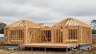 Wide shot of a new residential construction project in the DC metro area, overcast natural light, framing stage visible with lumber structure and roof trusses in place, honest mid-project documentation, no people