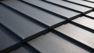 Macro photograph of a matte charcoal metal roof seam, sharp direct sunlight, deep linear shadows, high-contrast architectural detail.