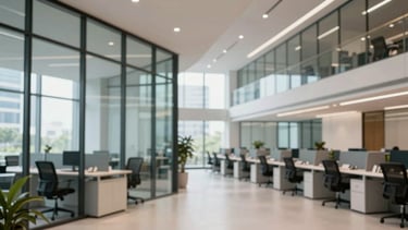 Wide panoramic view of a sleek, modern corporate office interior in Bangalore, glass walls, high-tech infrastructure, bright professional lighting.