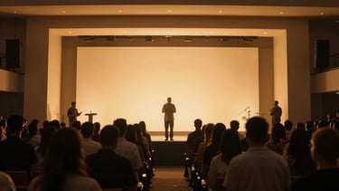 Wide cinematic shot of a modern worship stage with soft amber light leaks, glowing warm atmosphere, silhouettes of people in prayer