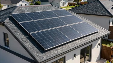 Crisp architectural elevation of a modern suburban home with a sleek, flush-mounted monocrystalline solar array on a slate roof, bright direct midday sunlight casting sharp shadows.