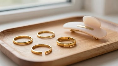 A curated arrangement of delicate gold rings and a pale blush hair clip on a natural wooden tray, soft morning light, shallow depth of field, 35mm