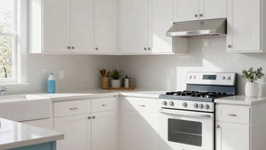 A bright and professional North American / US home interior, featuring a spotless kitchen with white cabinets and light blue accents. The scene is sunlit and crisp, emphasizing a clean and hygienic environment. High-quality commercial photography style, modern and trustworthy.