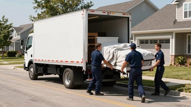 A wide-angle photography shot of a professional moving truck parked in a clean, sunny North American residential street in Omaha. Movers in navy blue uniforms are carefully loading furniture using protective blankets, conveying trust and reliability.