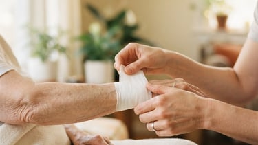 Close-up of a caregiver's hands gently wrapping a clean white bandage on an elderly person's arm, warm morning window light, shallow depth of field, rich cream tones, 35mm style