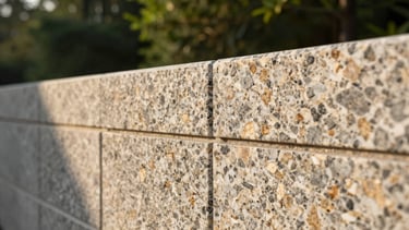 Tight macro shot of hand-dressed granite stonework joints on a custom retaining wall, natural side lighting highlighting the raw texture, professional architectural photography