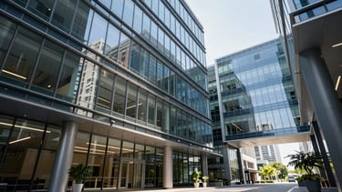 A wide-angle professional photograph of a modern North American corporate office lobby featuring sleek glass architecture, clean lines, and a palette of dark navy and steel blue accents. Bright, natural daylight floods the space, reflecting off polished surfaces, conveying a sense of transparency and technical innovation.