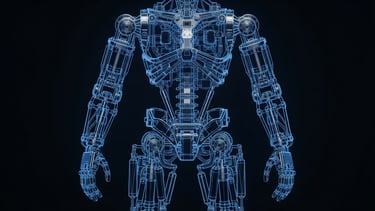 Technical blueprint schematic of a humanoid robot chassis, electric cobalt blue vector lines on a deep obsidian background, clean clinical tech aesthetic.