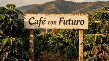 Warm editorial photograph of the entrance to a coffee farm in Santander, Colombia, with a rustic sign for 'Café con Futuro', surrounded by lush green coffee plants under golden-hour sunlight, rich earthy tones, shallow depth of field, 35mm film style
