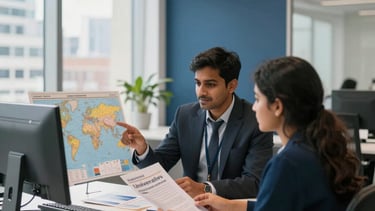 A high-quality photograph of a bright, modern consultancy office in a South Asian city. A professional academic advisor is sitting at a desk with a student, discussing a world map and brochures for UK universities. The room is filled with natural light, featuring deep blue and off-white interior accents, conveying trust and global aspiration.