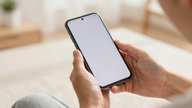 Close-up of two hands of different generations holding a sleek Android phone displaying a beautifully simple user interface, warm morning light, shallow depth of field.