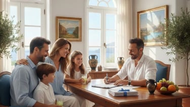 family sits with lawyer sign on resident visa for Cyprus relocation