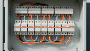 A neatly organized low-voltage security panel with perfectly routed orange and gray wires, clean zip-ties, labeled circuits, bright crisp utility lighting