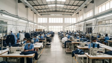 Symmetrical wide-angle architectural shot of a bright, modern garment factory floor in India, clean white walls, technical machinery aligned in perspective, desaturated navy tones, natural daylight.