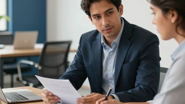 A warm, natural light photography of a professional business meeting in the Latin American and Spanish SMB market context. A small business consultant and an owner discuss operational planning in a clean, modern workspace with slate blue accents. They review notes with confidence and clarity, captured in a reliable, high-trust style.