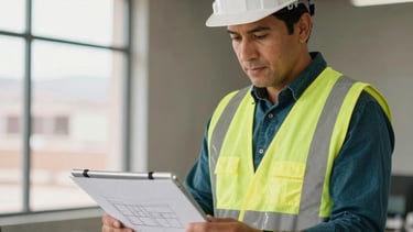 A professional South American / Chilean construction manager in a safety vest and hard hat reviewing architectural plans on a tablet. The setting is a modern construction office in Iquique, with clear natural light. The color palette includes dark teal and sandy yellow accents, reflecting a serious and reliable corporate mood.