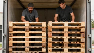 A CycleLift truck loading wooden pallets at a busy warehouse dock
