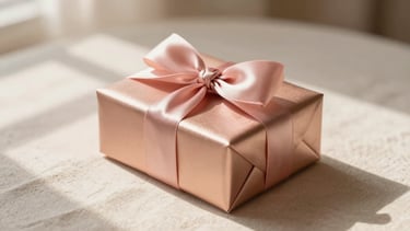 A luxury rose gold jewelry box wrapped in a soft pink satin ribbon, placed on a light beige linen background with soft morning shadows, 35mm