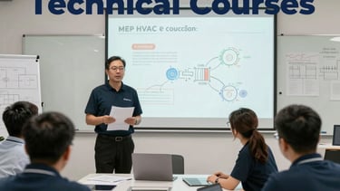 HVAC system diagrams displayed on a tablet with a learner taking notes