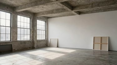 Wide panoramic architectural view of a sunlit, empty artist studio, high concrete ceilings, large industrial windows with soft diffused daylight casting long shadows on concrete floor, clean white walls, blank large-scale canvases resting quietly