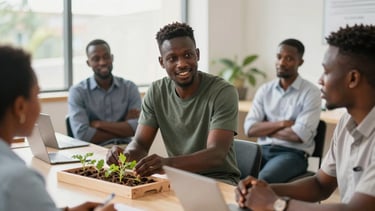 A focused young Guinean entrepreneur presenting a clean agricultural prototype to a group of attentive mentors in a bright workspace, soft natural light