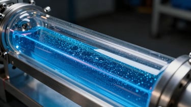 Wide panoramic view of laser-assisted fluid flow visualization (PIV) in a transparent industrial pipe, showing nanobubble dynamics in safety blue, sharp industrial product photography, crisp directional studio lighting, metallic steel and safety blue tones, high contrast.