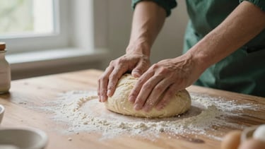 Hands kneading fresh sourdough on a flour-dusted wooden counter, soft window light, shallow depth of field